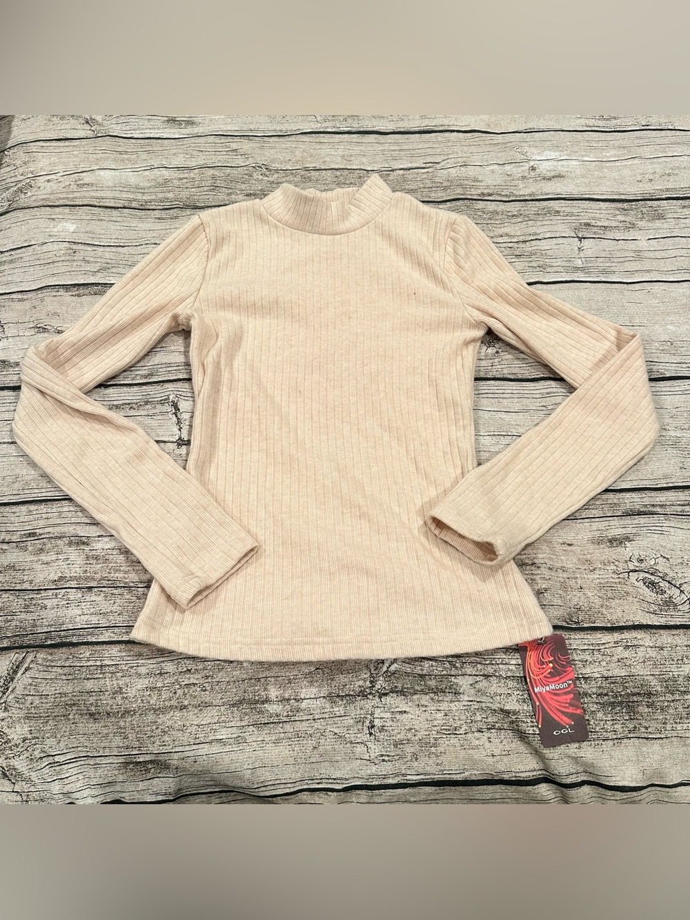 NWT OGL Eco-Miyamoon Ribbed Mock Neck Long Sleeve Thermal Top in Cream Size S